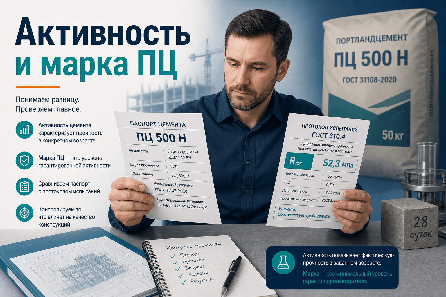 Активность цемента и марка по прочности по ГОСТ 310.4