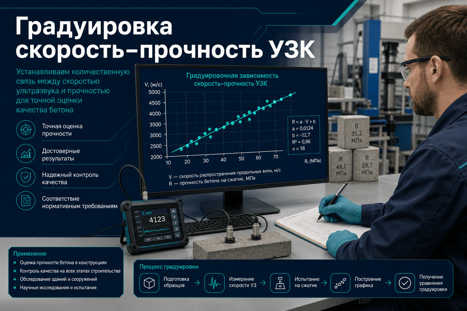 Градуировка «скорость–прочность» для УЗК по ГОСТ 17624