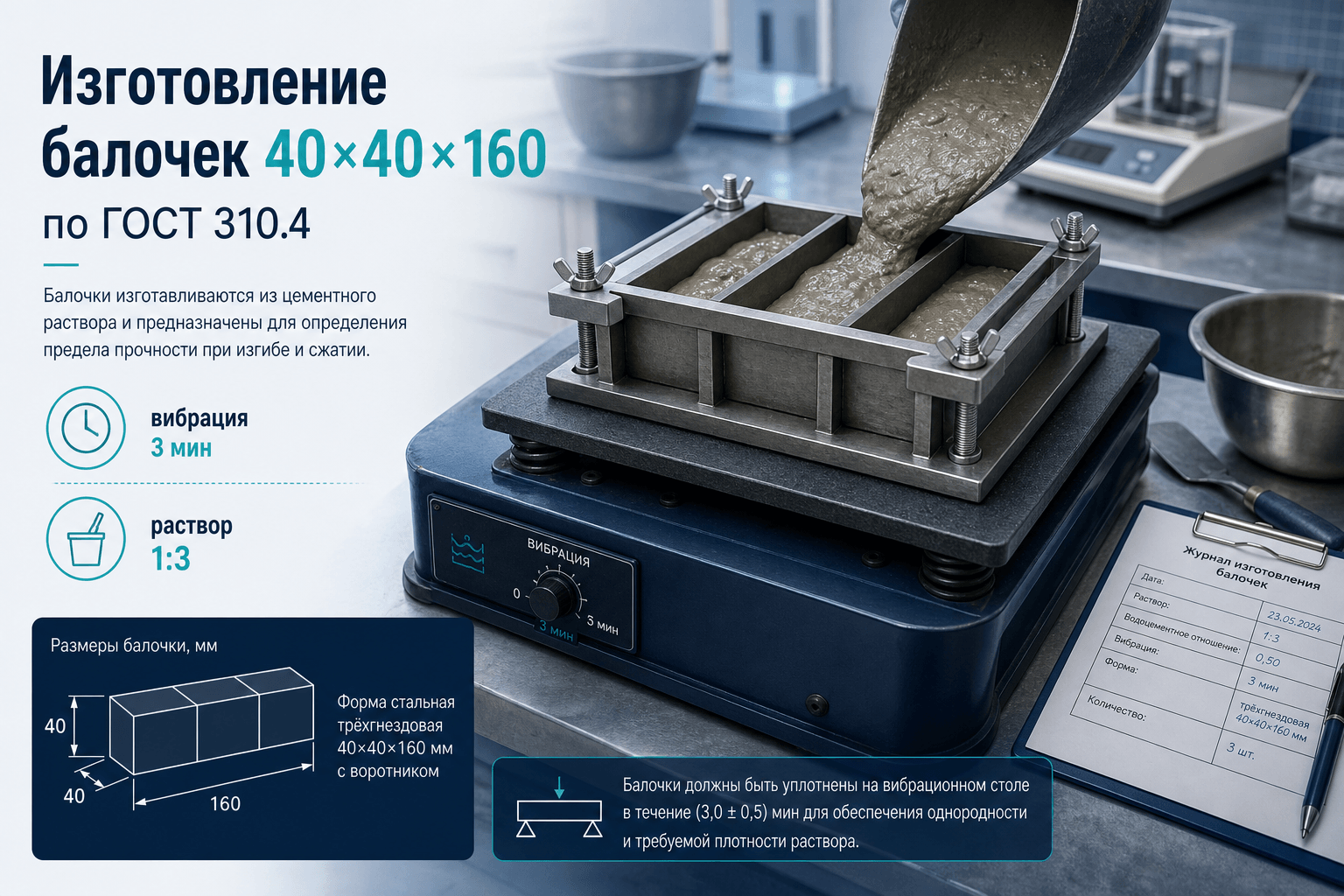 Изготовление балочек 40×40×160 по ГОСТ 310.4: раствор 1:3