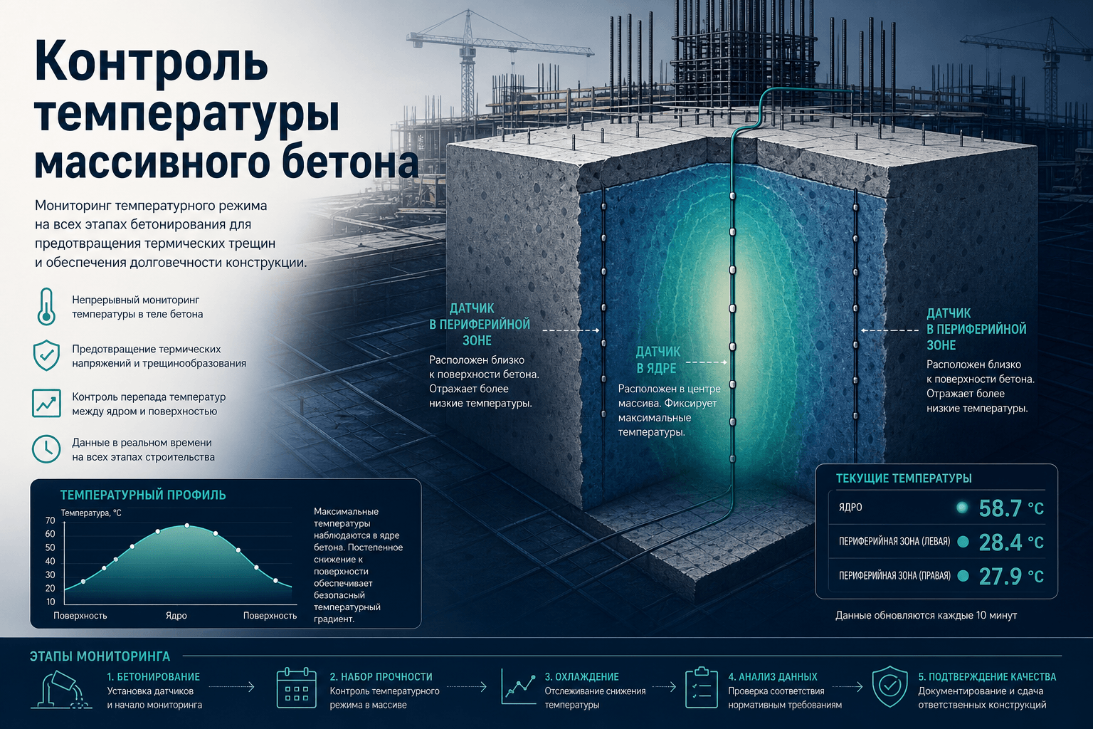 Контроль бетона массивных конструкций: температурный режим