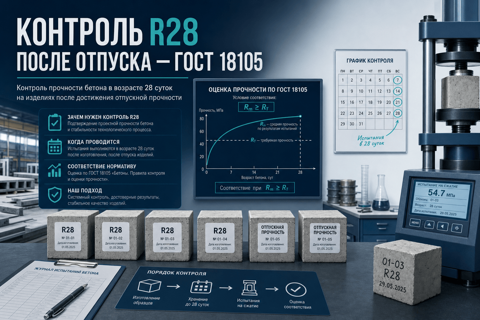 Контроль R28 на заводе ЖБИ после отпуска: п. 7.2.6 и недельный маршрут 7.5.3 ГОСТ 18105