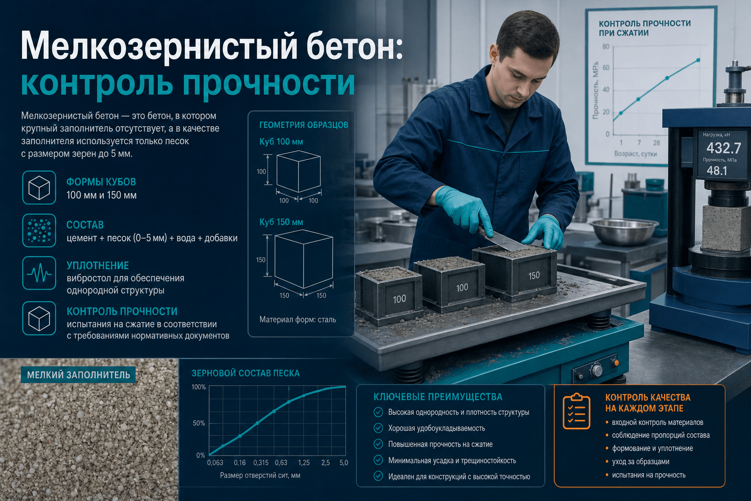 Мелкозернистый бетон: особенности контроля прочности по ГОСТ 25192 и 10180