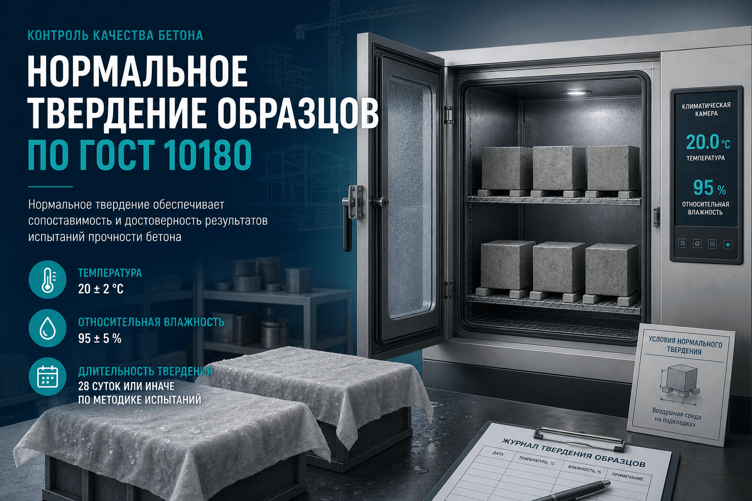 Нормальное твердение образцов: камера 20 ± 2 °C и влажность 95 % по ГОСТ 10180
