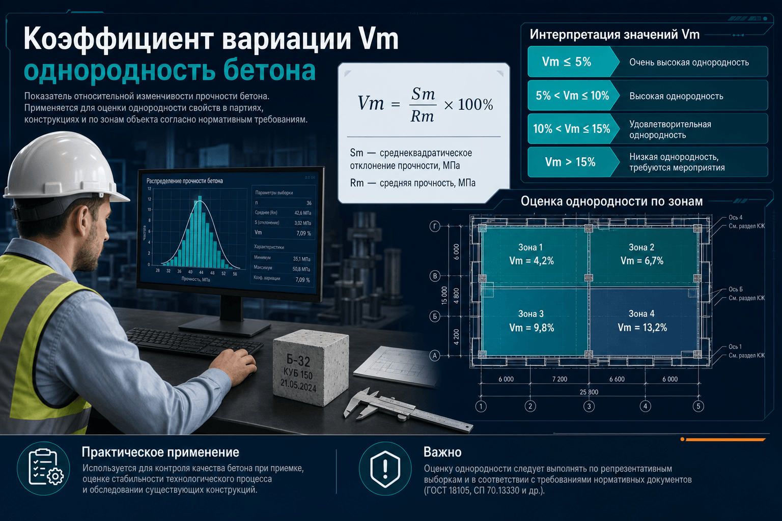 Коэффициент вариации Vm бетона: однородность прочности, пороги ГОСТ 18105 и что делать лаборатории