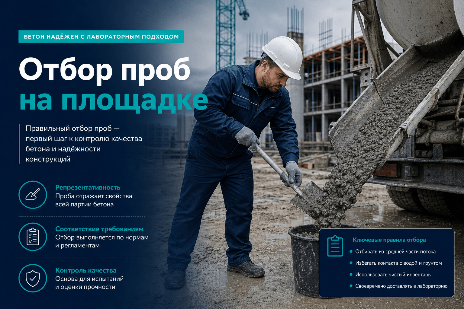Отбор проб бетонной смеси на площадке: методика для лаборанта