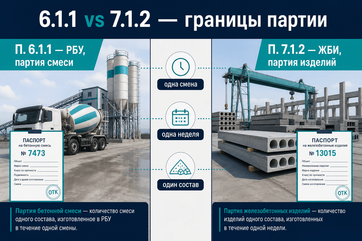 Партия бетонной смеси на РБУ и партия изделий на заводе: ГОСТ 18105