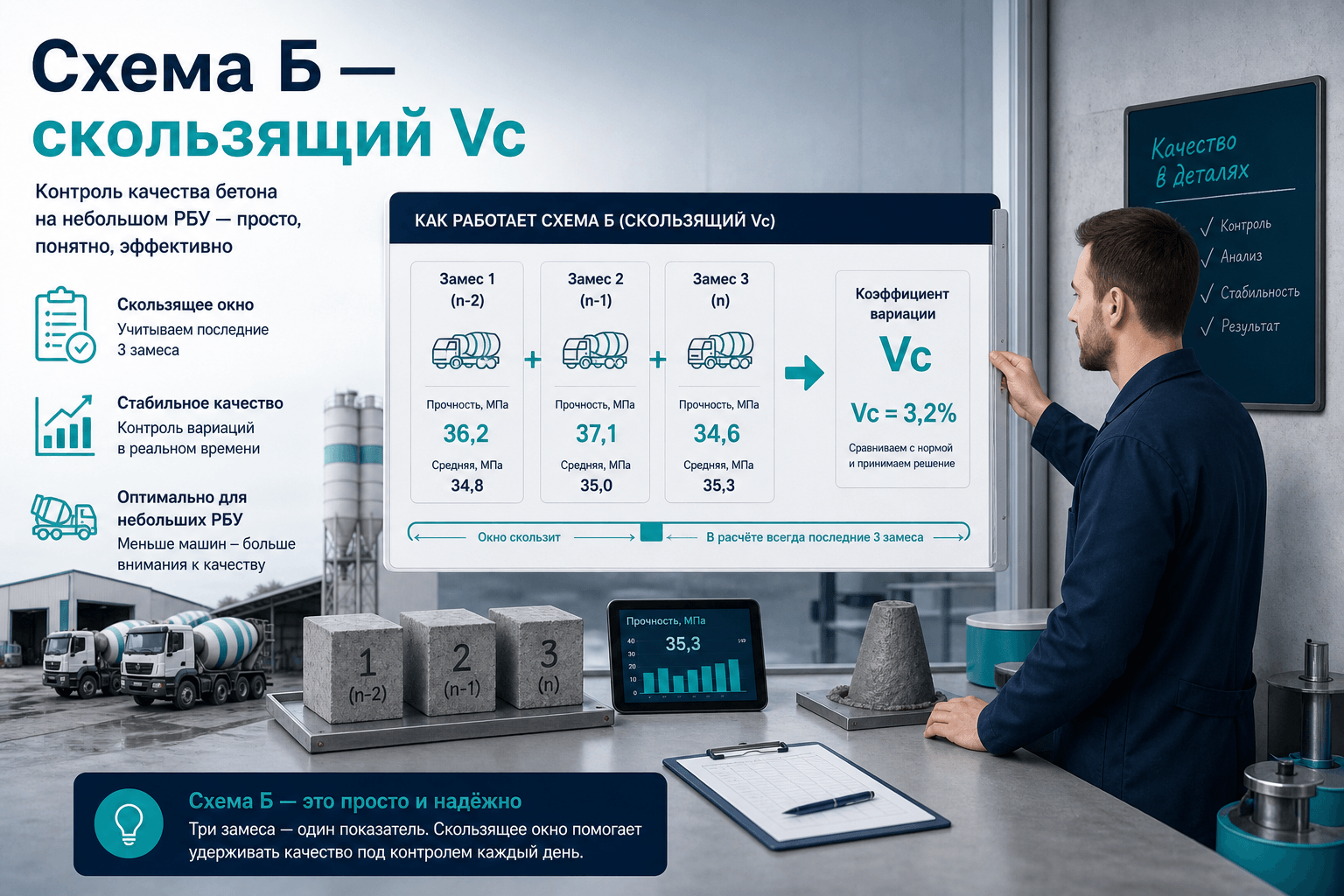 Схема Б контроля прочности бетона: скользящий Vc, формула (10) и RT для небольшого РБУ по ГОСТ 18105