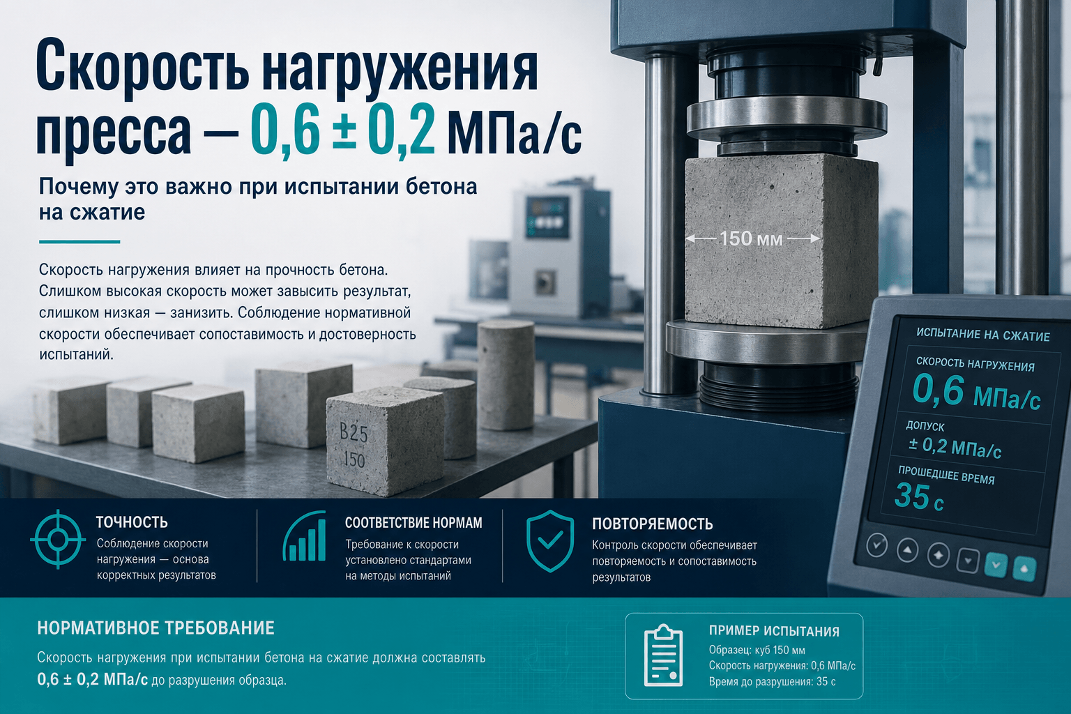 Скорость нагружения пресса по ГОСТ 10180: почему 0,6 ± 0,2 МПа/с решает результат