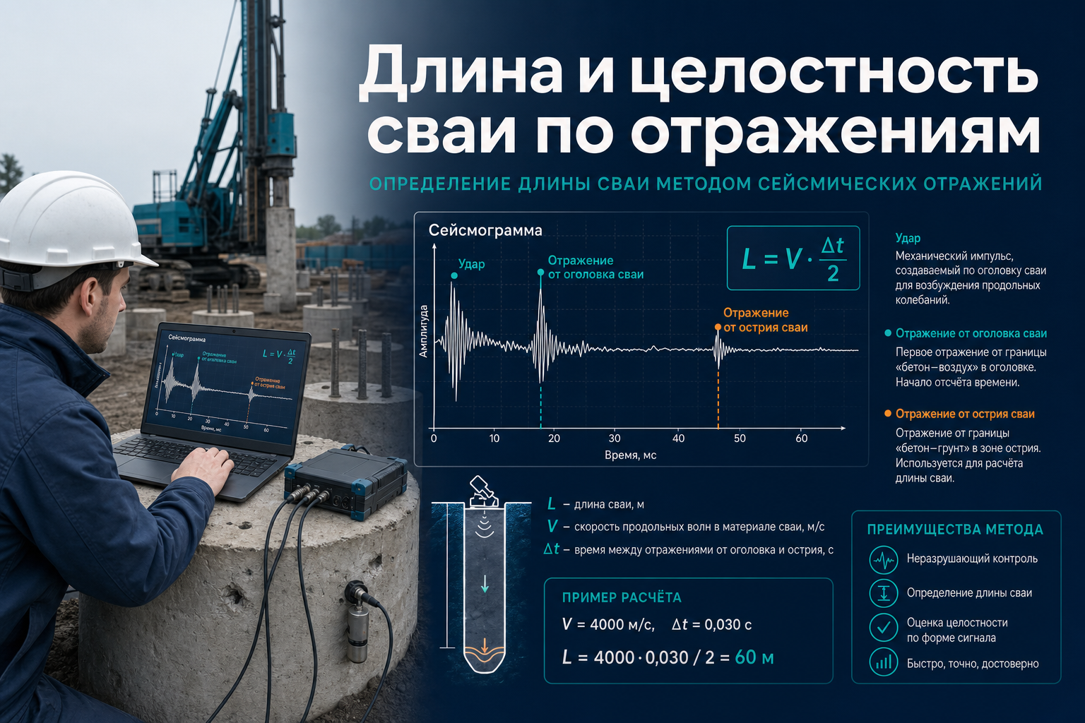 Определение длины и целостности сваи по отражениям сигнала по ГОСТ Р 72171-2025